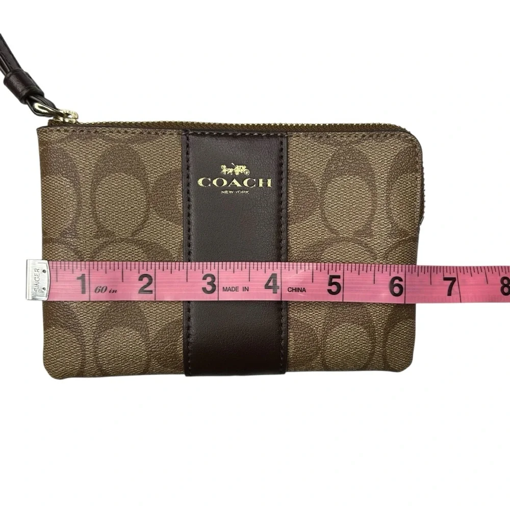 Coach Signature Canvas Corner Zip Wristlet Wallet Brown Gold